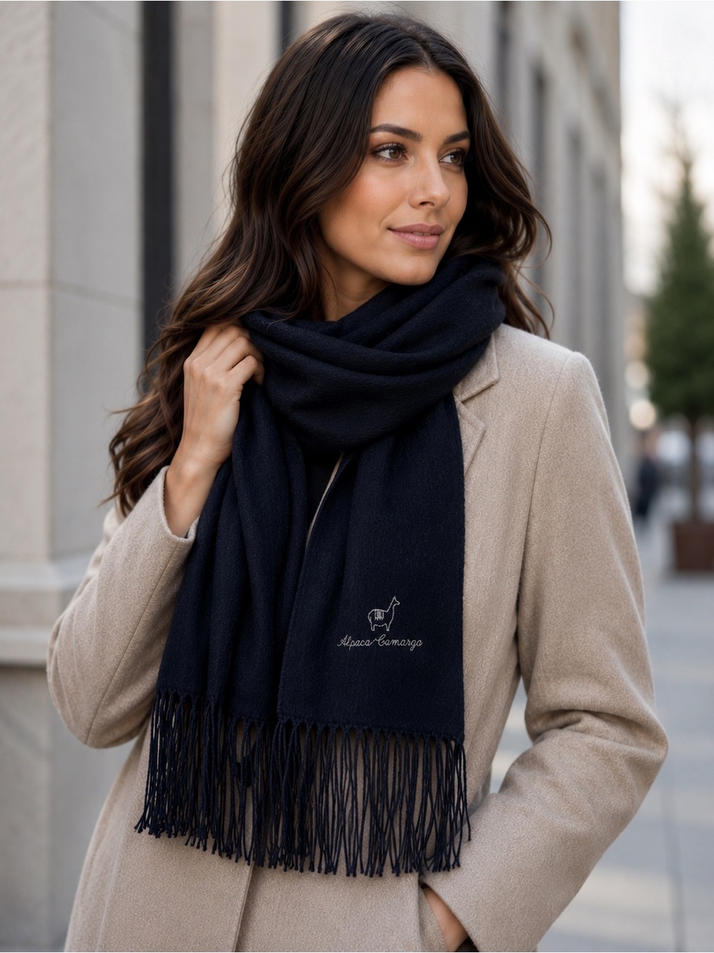 Alpaca Camargo Navy Alpaca Fringe Scarf 70” Luxury Soft Warm Unisex Wrap